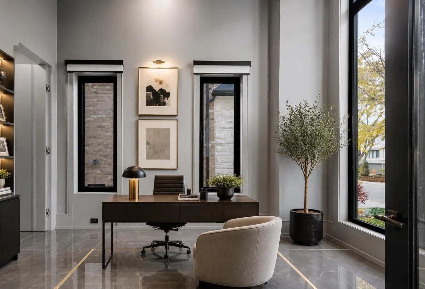 Kaizen Construction Group — premium home office interior with marble floors